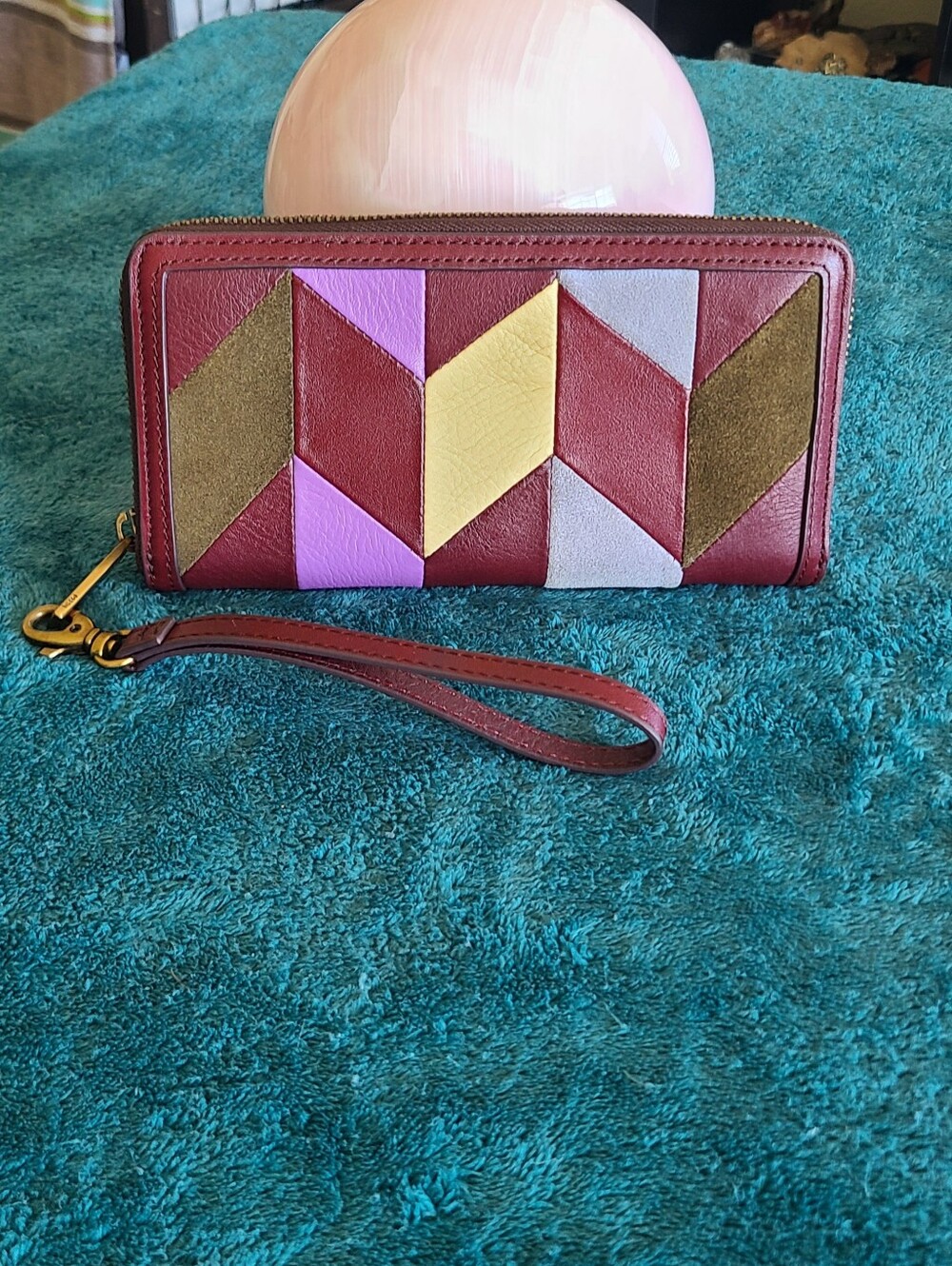 Fossil Colorblock Wine Color Leather Zip-Around Wristlet Wallet